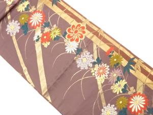 菊に竹笹模様織り出し　名古屋帯